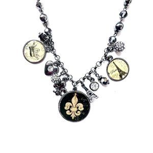 Paris Theme Necklace with Eiffel Tower, Fleur De Lis, Crystal Charms